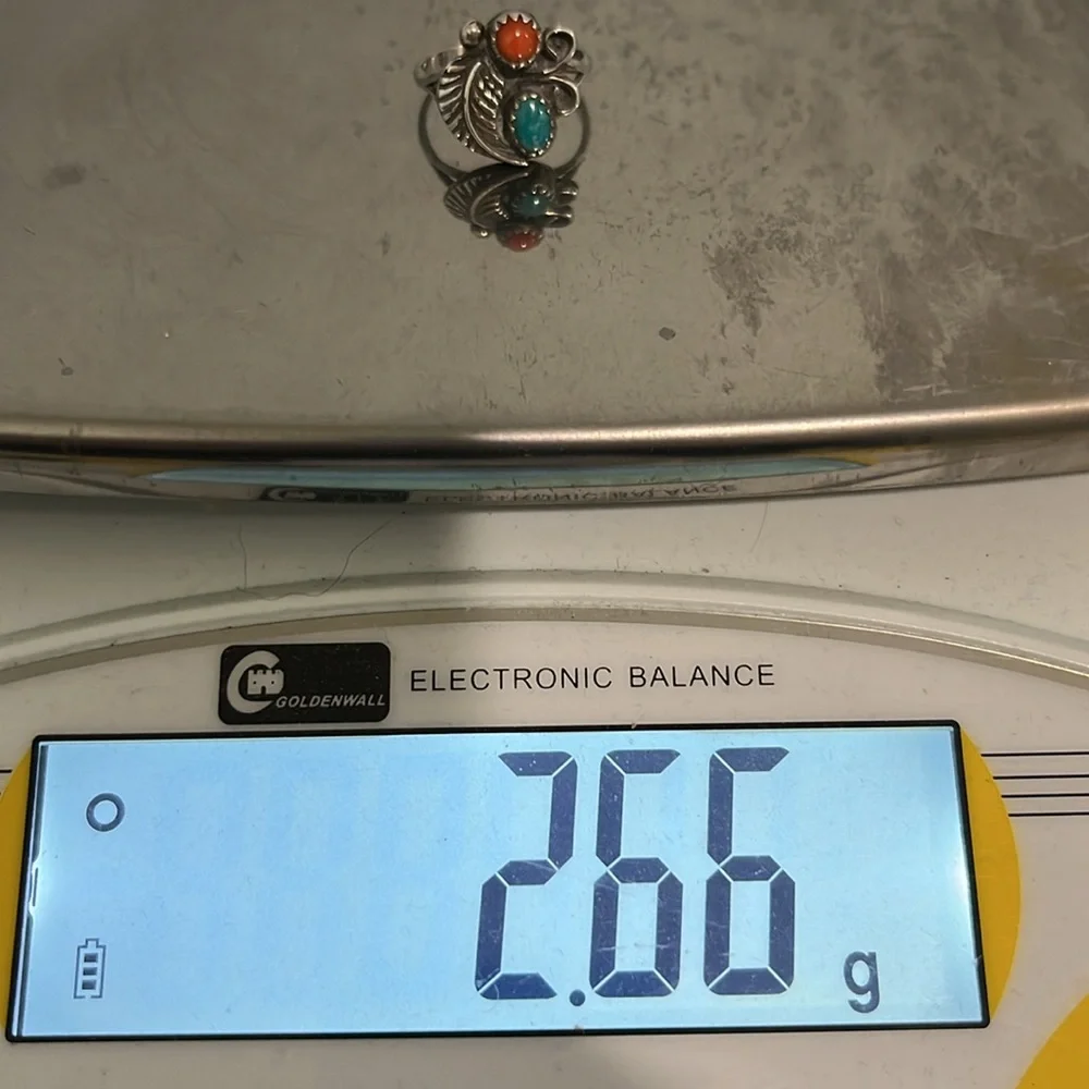 Native American Coral, Turquoise and Sterling Silver split shank ring size 5.5 - Picture 9 of 9